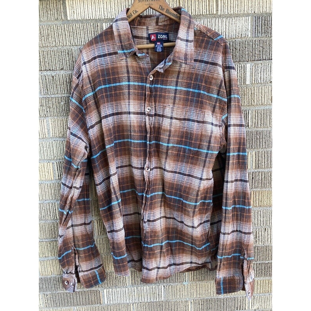 *MISSING‎ BUTTONS* Grunge Flannel 2XL A Zone Long Sleeve Button Up Brown Teal - Picture 3 of 4
